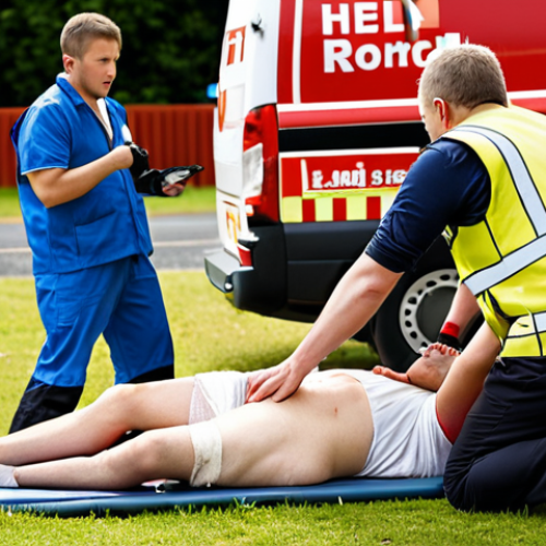 Home 11 A first aid scene at a leisure sport site, showing a person injured, with people around assisting, calling for help, and providing initial care. Focus on the urgency and initial response.
