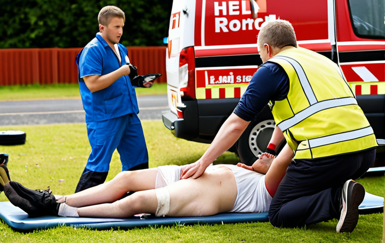 A first aid scene at a leisure sport site, showing a person injured, with people around assisting, calling for help, and providing initial care. Focus on the urgency and initial response.