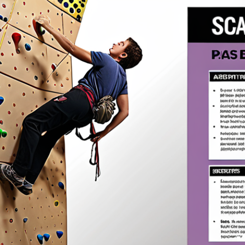 Home 6 A motivational poster showing a person confidently scaling a climbing wall, symbolizing overcoming the challenge of the Leisure Sports Instructor certification. The poster should include data charts in the background representing the analysis of pass rates.