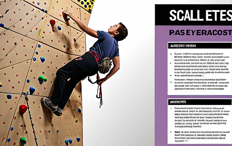A motivational poster showing a person confidently scaling a climbing wall, symbolizing overcoming the challenge of the Leisure Sports Instructor certification. The poster should include data charts in the background representing the analysis of pass rates.